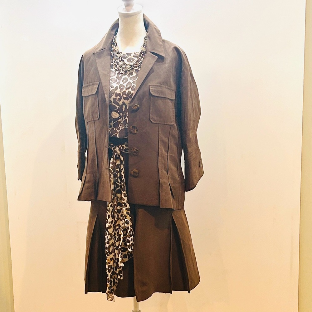 Carlisle Brown Linen/Silk Safari Jacket & Skirt  Sz 8 EUC *TOP/SCARF SEPARATE*